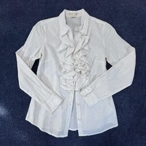 Michael Kors Shirt Womens 2 Gold Striped Ruffle Front Long Sleeve Top Blouse